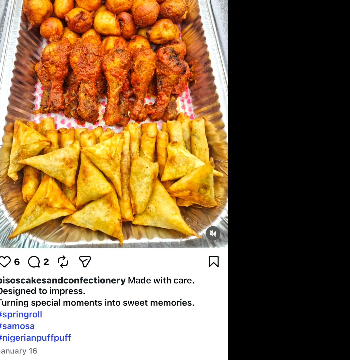 Party tray of puff puff, peppered chicken, spring rolls and samosas