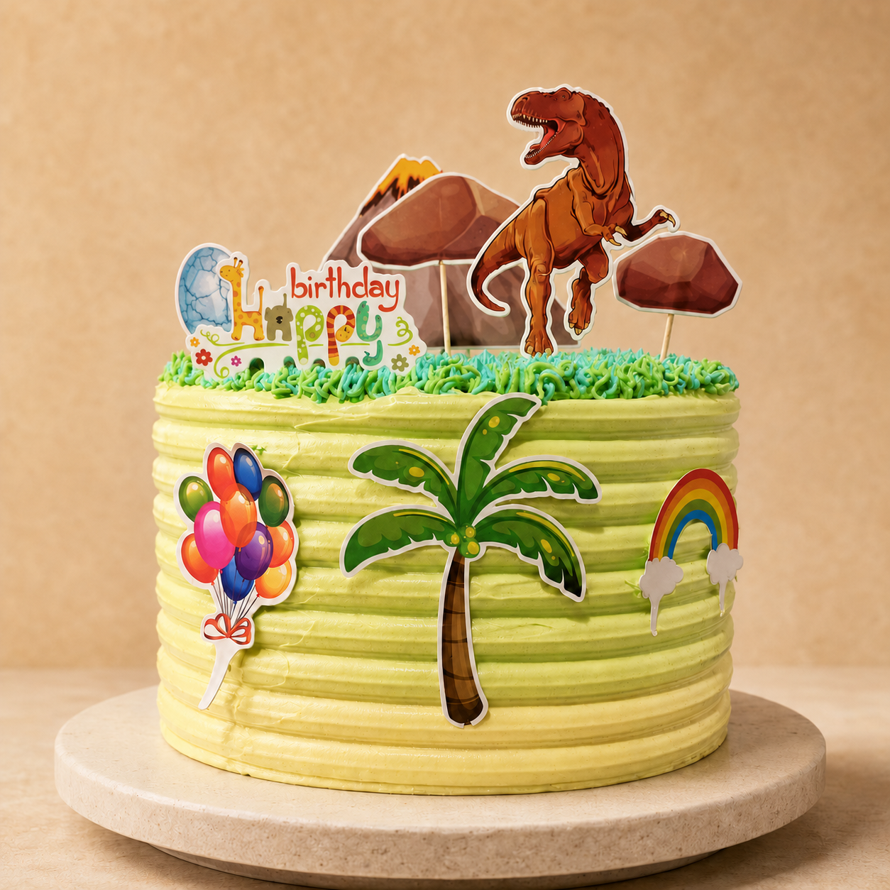 Kids dinosaur birthday cake with T-Rex and palm tree toppers