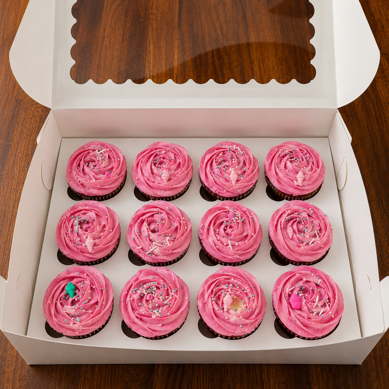Boxed dozen of chocolate cupcakes with deep pink buttercream rosettes, pastel sprinkles and sugar ice-cream cone decorations