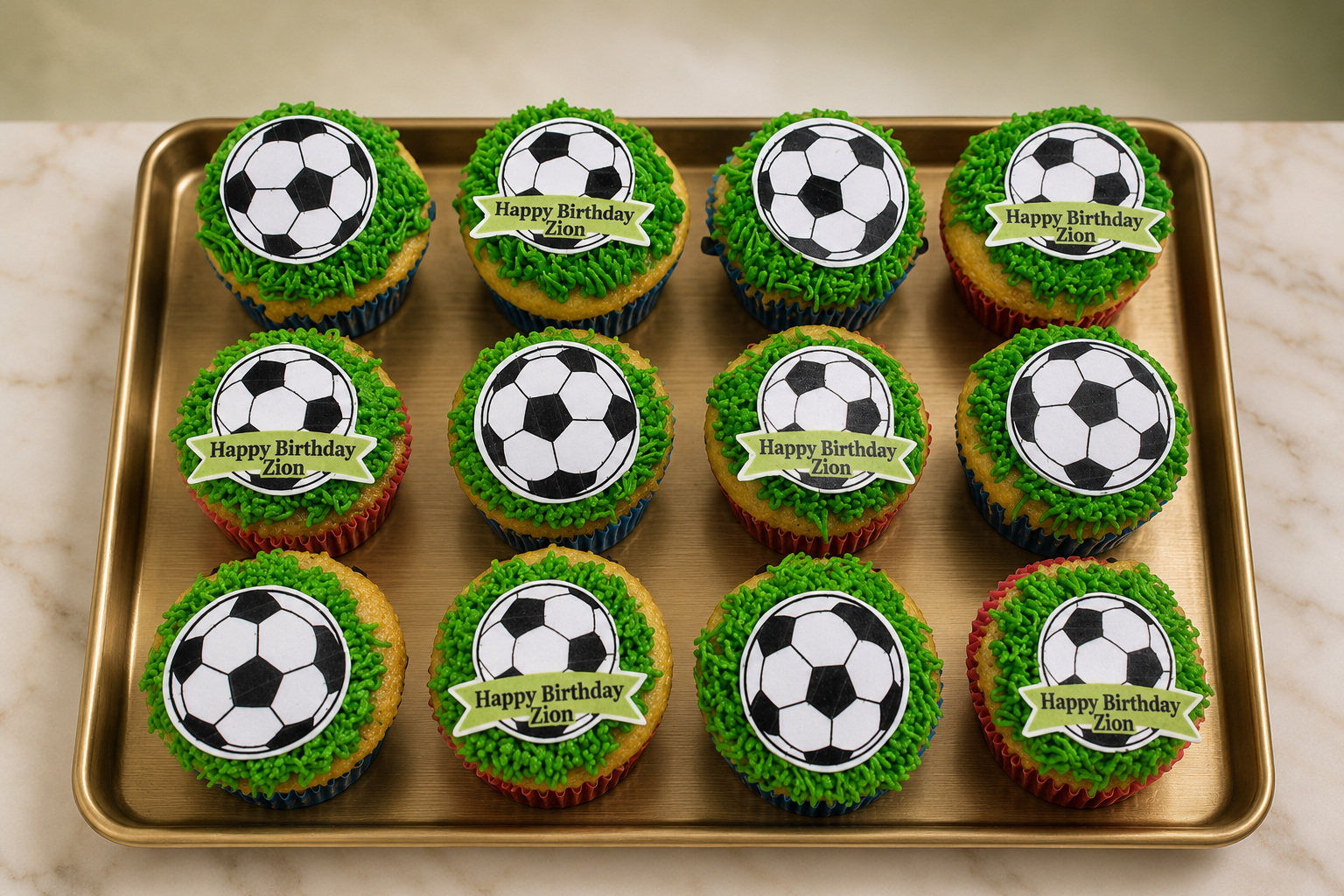 Tray of vanilla cupcakes with piped green grass buttercream, edible soccer ball toppers and personalised name banners