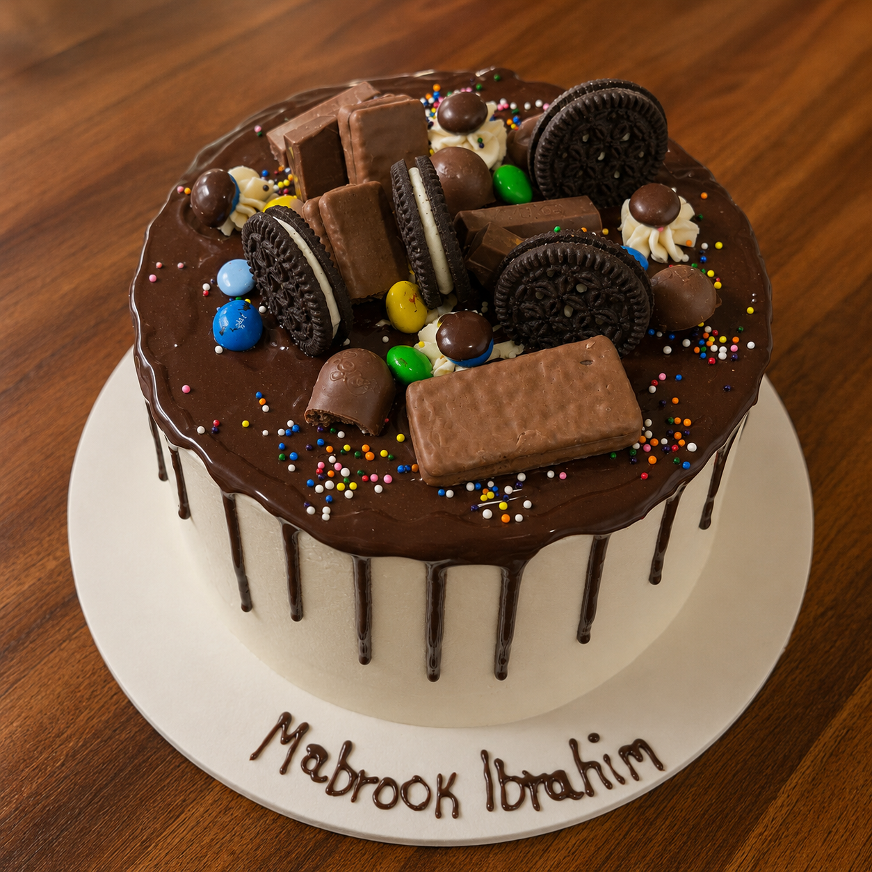 Chocolate drip cake topped with Oreos, chocolate wafer bars, candy-coated chocolates, malt balls and rainbow sprinkles over white whipped cream