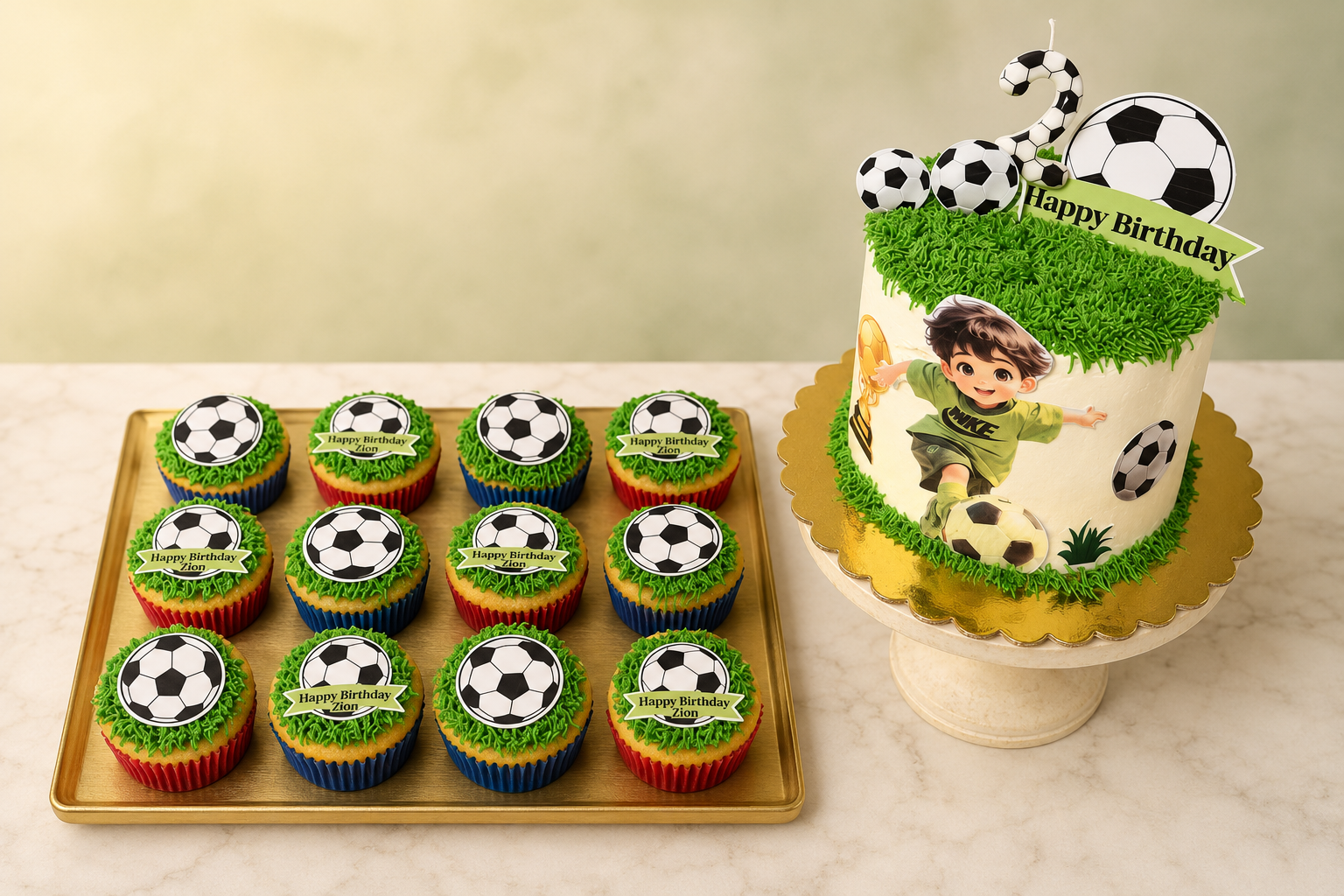 Soccer-themed celebration cake with matching frosted cupcakes