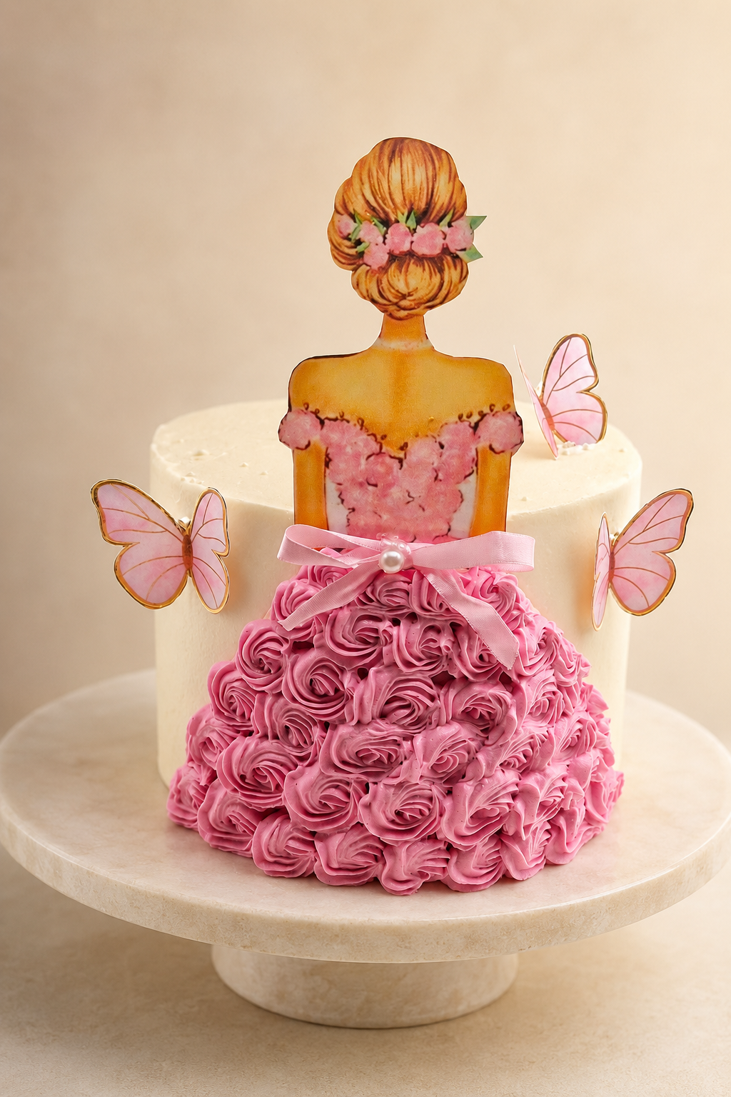 Princess dress cake with pink rosette skirt and butterflies