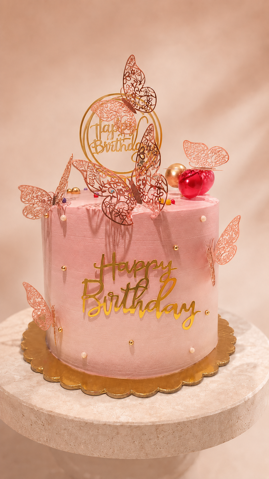Single-tier cake with peonies, rose and gold butterflies