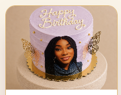 Lavender buttercream birthday cake with gold butterflies, gold accents and a custom photo print