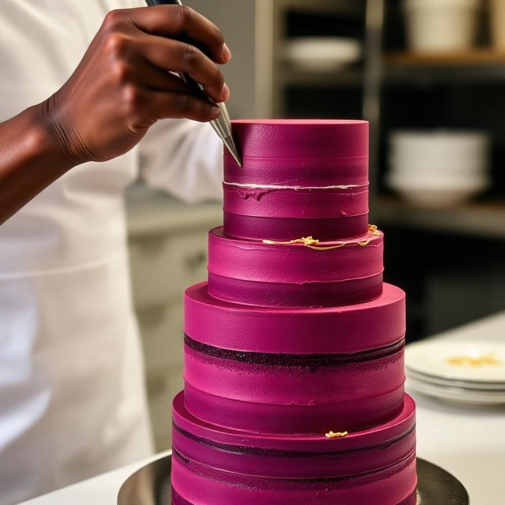 Decorating a celebration cake with gold piping details