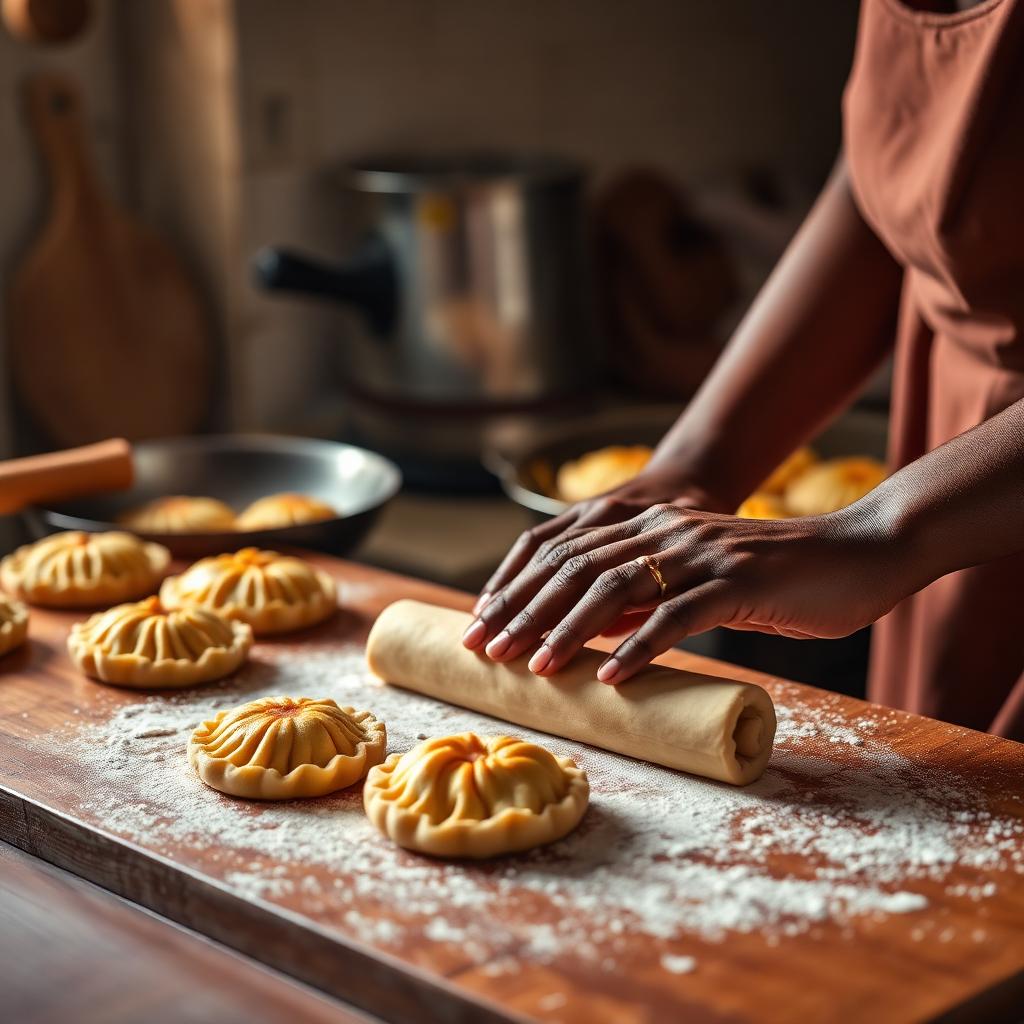 Hands rolling dough for meat pies in the Biso's kitchen
