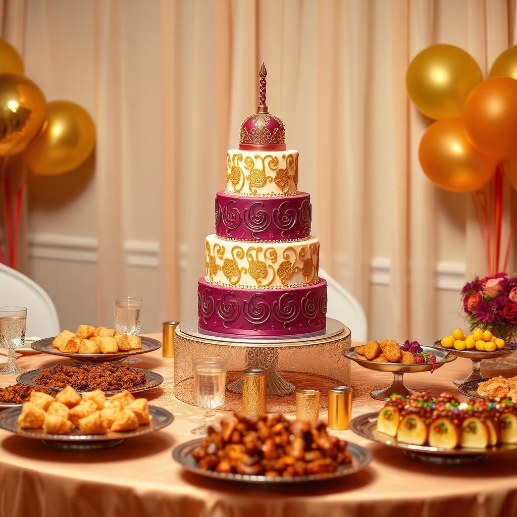 Birthday celebration table with cake and treats